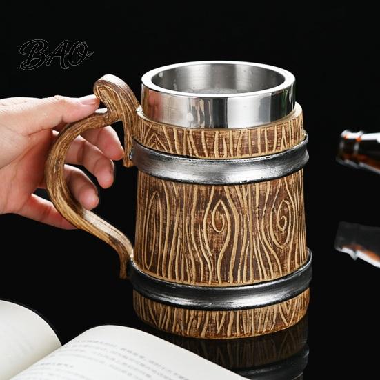 Oak Barrel Style Mug Wood Beer Mug, 600ml Stainless Steel Liner Stein, Large Capacity Rustic Tankard for Pub Home Bar Party Gift Easy Clean
