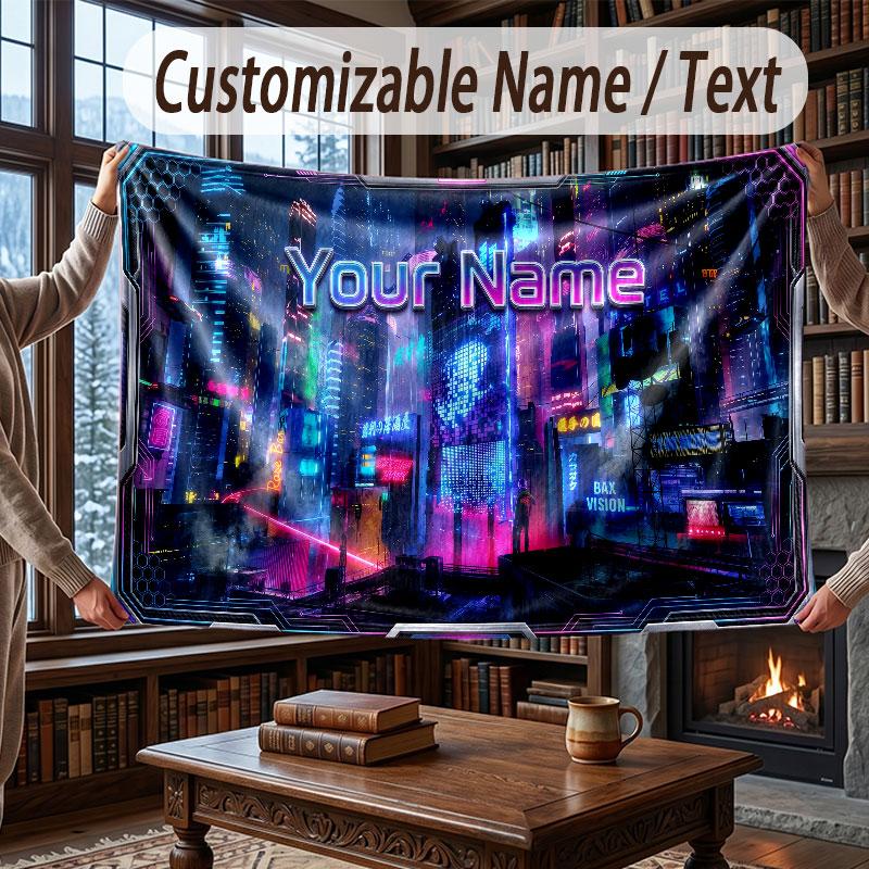 Coperta da divano a tema Cyberpunk Città con nome e testo personalizzati Coperta morbida e accogliente per casa, divano, letto
