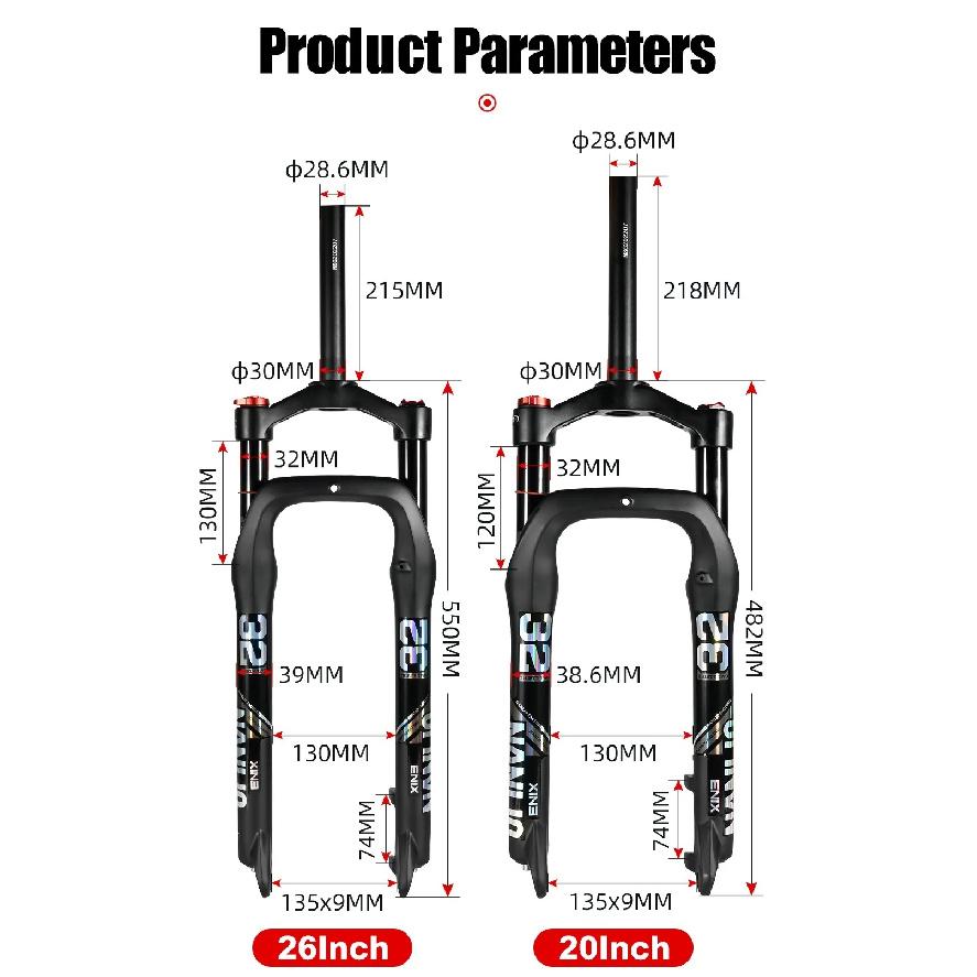 NANLIO Fat Bike Air Suspension Fork 20 26 Inch 4.0 Tire Snow MTB E-Bike Fork Oil Damping 32mm Stanchion 135x9mm