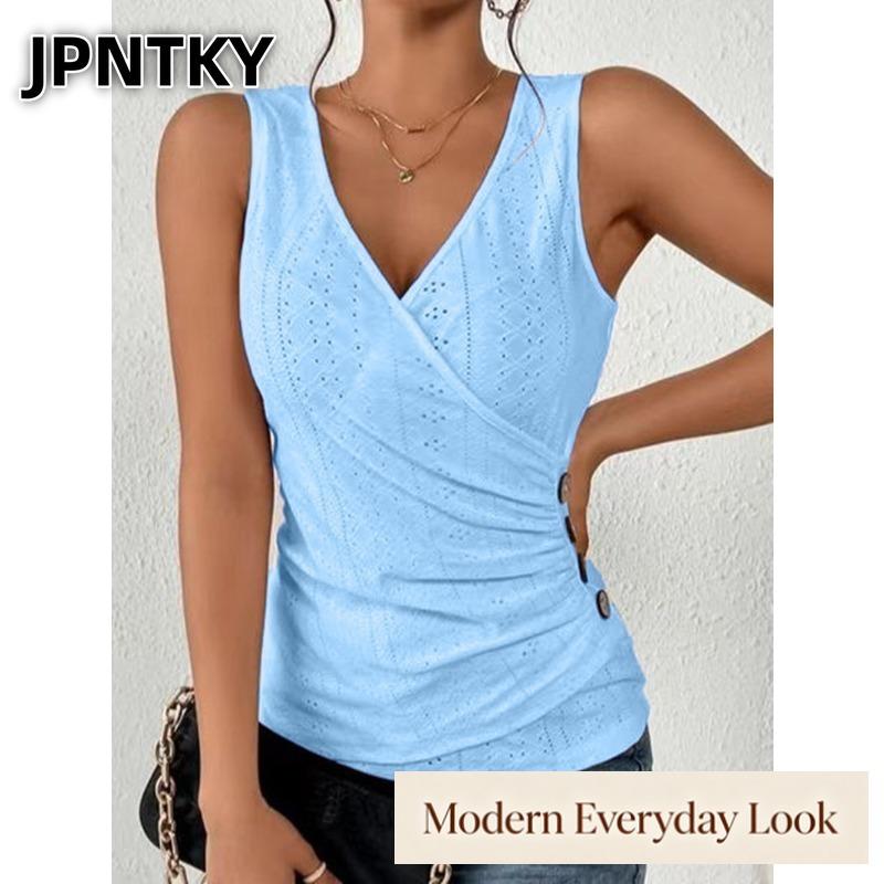 QICED Women's Fashion Casual Solid Color Print V-Neck Sleeveless Blouses & Shirts