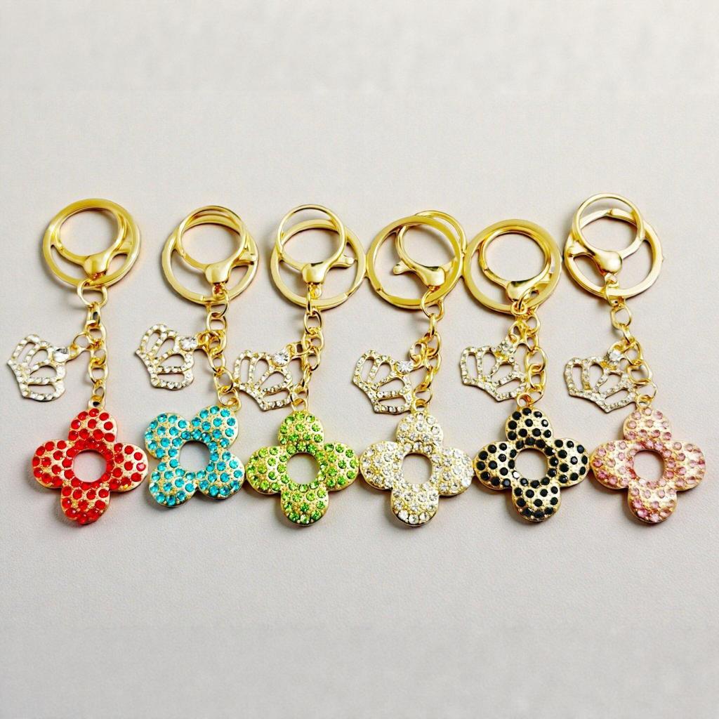 Korean Rhinestone Crown & Flower Keychain – Exquisite Pendant for Bags & Cars