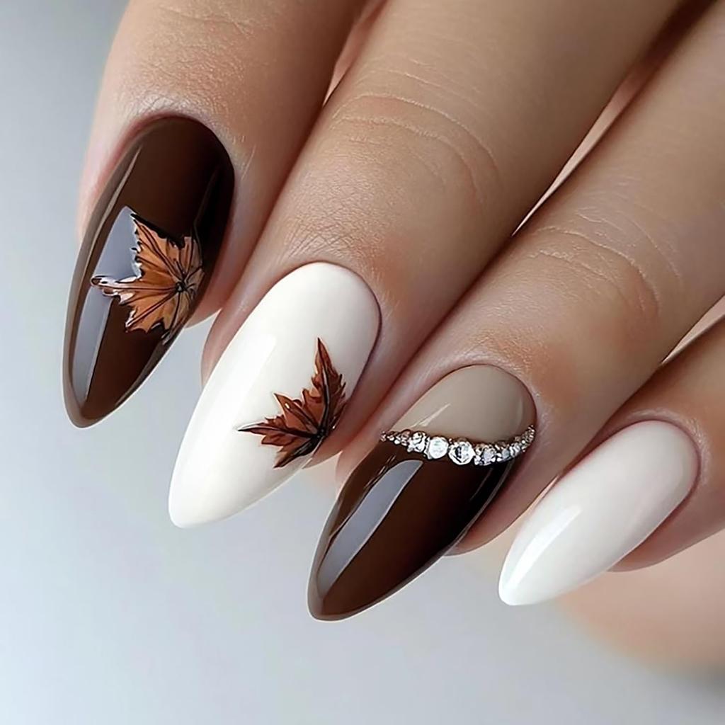 Fall Leaf Press On Nails Thanksgiving Fake Nails with Rhinestones Design Long Almond Autumn Acrylic Nail Glossy Maple Leaves Glue On Nail for Women