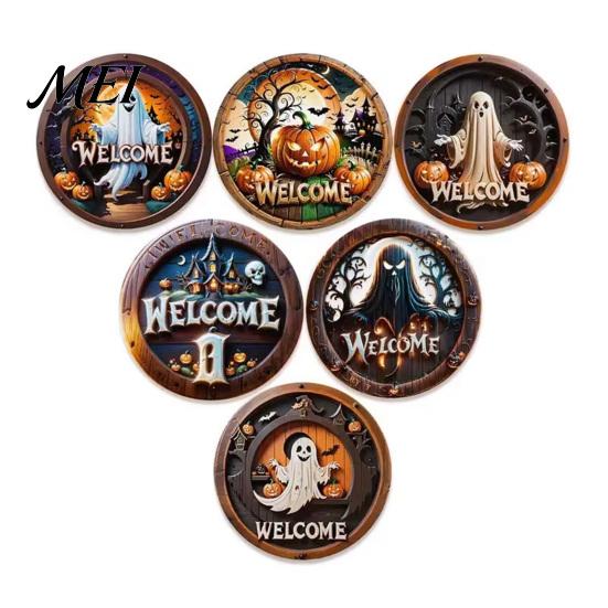 Artistic Wooden Coaster Set 6Pcs/Set Halloween Coasters, Retro Pumpkin Ghost Drink Decorative Coffee Bar Accessories Round Heat Insulation Pads