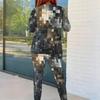 Women Plus Size Cream White Dots Printed Round Neck Long Sleeve Fitted Two Piece Pants Set With Pockets