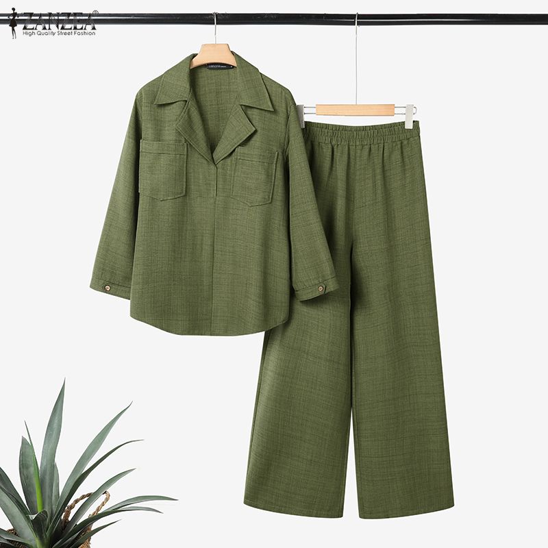 

ZANZEA 2 шт. Женские комплекты Рубашки с длинным рукавом и Длинные брюки Повседневные костюмы-двойки 2XL армия зеленый