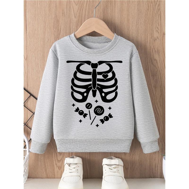 European sizes Halloween Boys Casual Skeleton Ribcage Candy Print Crewneck Sweatshirt Long Sleeve Pullover Graphic Top Kids Birthday Party