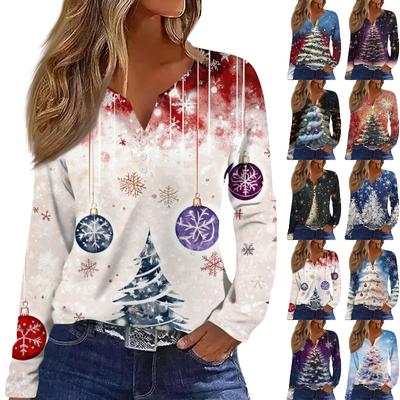 Women's T Shirt Tee Christmas Print Button Long Sleeve Daily Weekend Fashion Basic V- Neck Regular Top