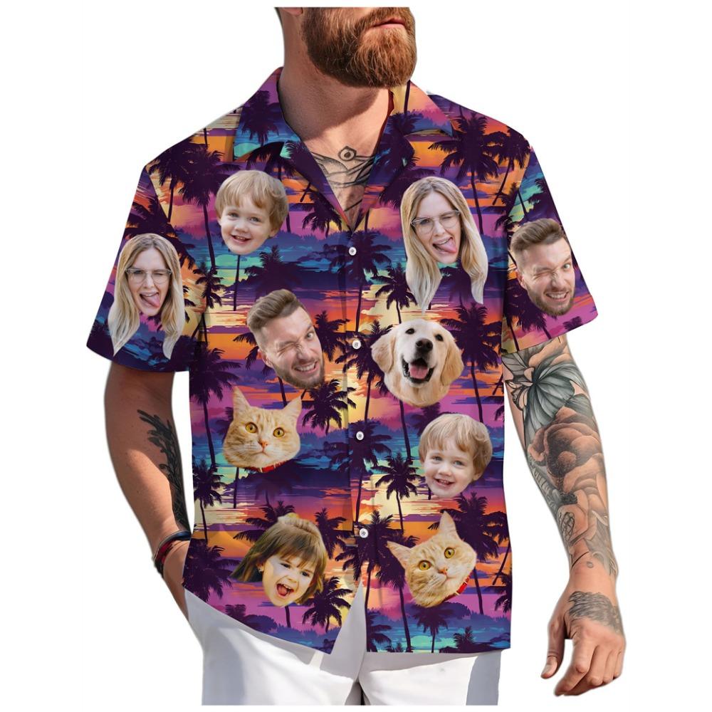Maßgeschneiderte Hawaiianhemden für Erwachsene, Kinder, Haustiergesichter, Sommer Mode, Kurzarm, Personalisiert, 3D-Druck, Locker, Atmungsaktiv, DIY Blusen