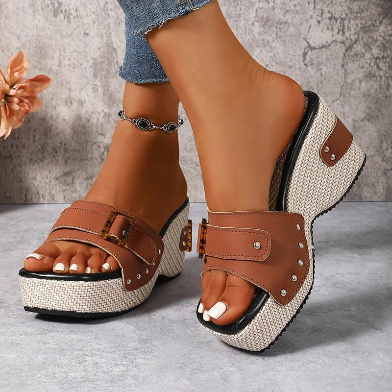 Fashion Fashion Slippers Vintage Buckle Square Toe Slippers Women Shoes Platform Sandals Lady Summer Wear-Resistant Wedge Slides Female
