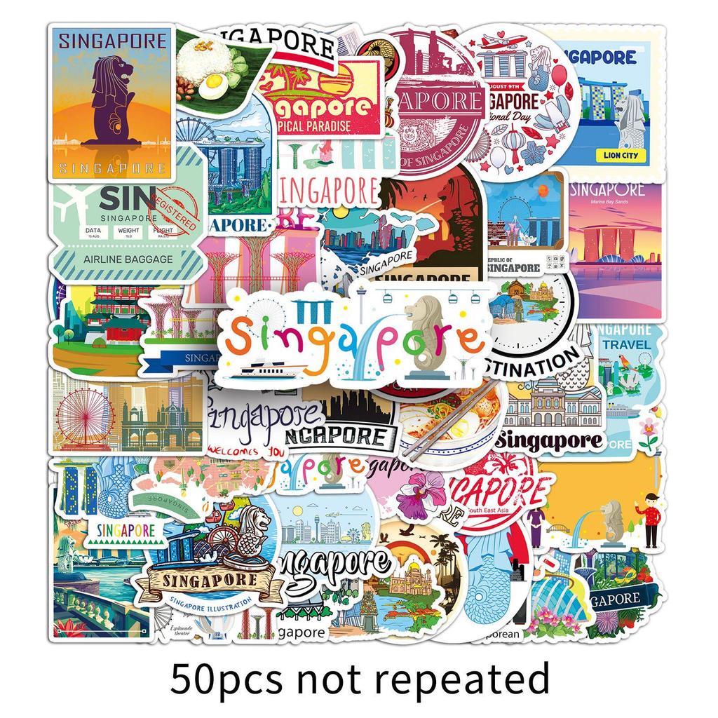 50-Pack Singapore Cartoon Scenery Waterproof Stickers for Travel Journals