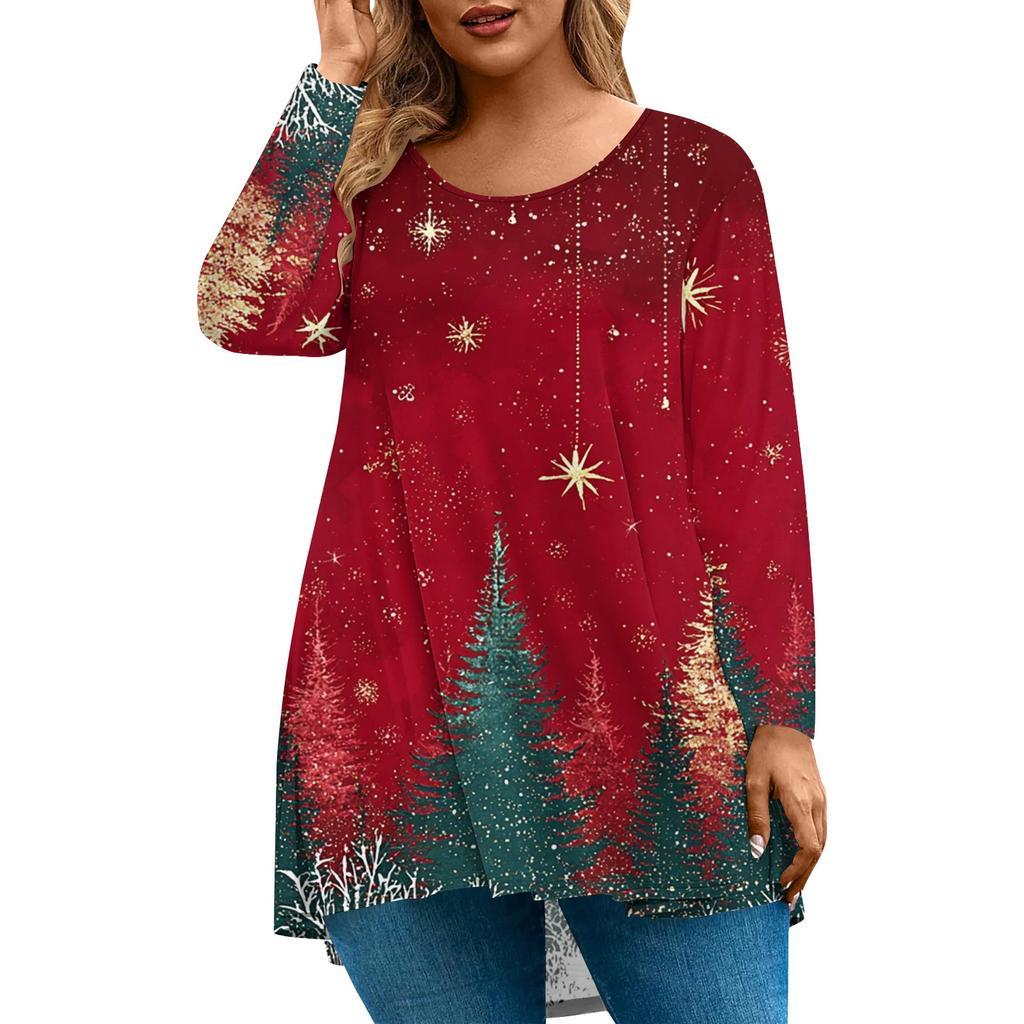 Women's Fashion Large Size Round Neck Long Sleeve Casual Christmas Print Loose Pullover Top