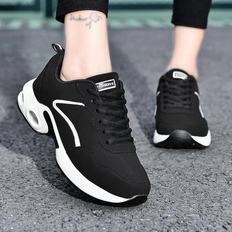 Suede Sneakers for Women Size 42 Wedge Platform Black Female Air Cushion Road Running Shoes Lightweight Breathable Casual Sports