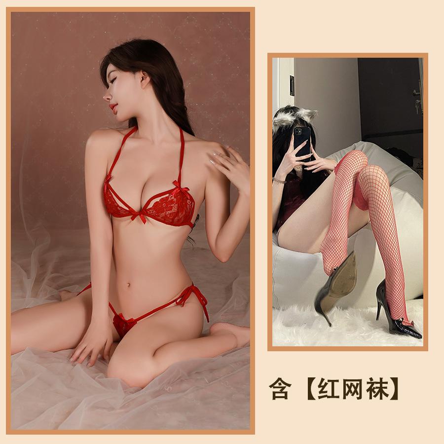 Sex Underwear Three-point Thin Gathering Breathable Lace Sexy Suspender Thin Bow Strap Bra Women