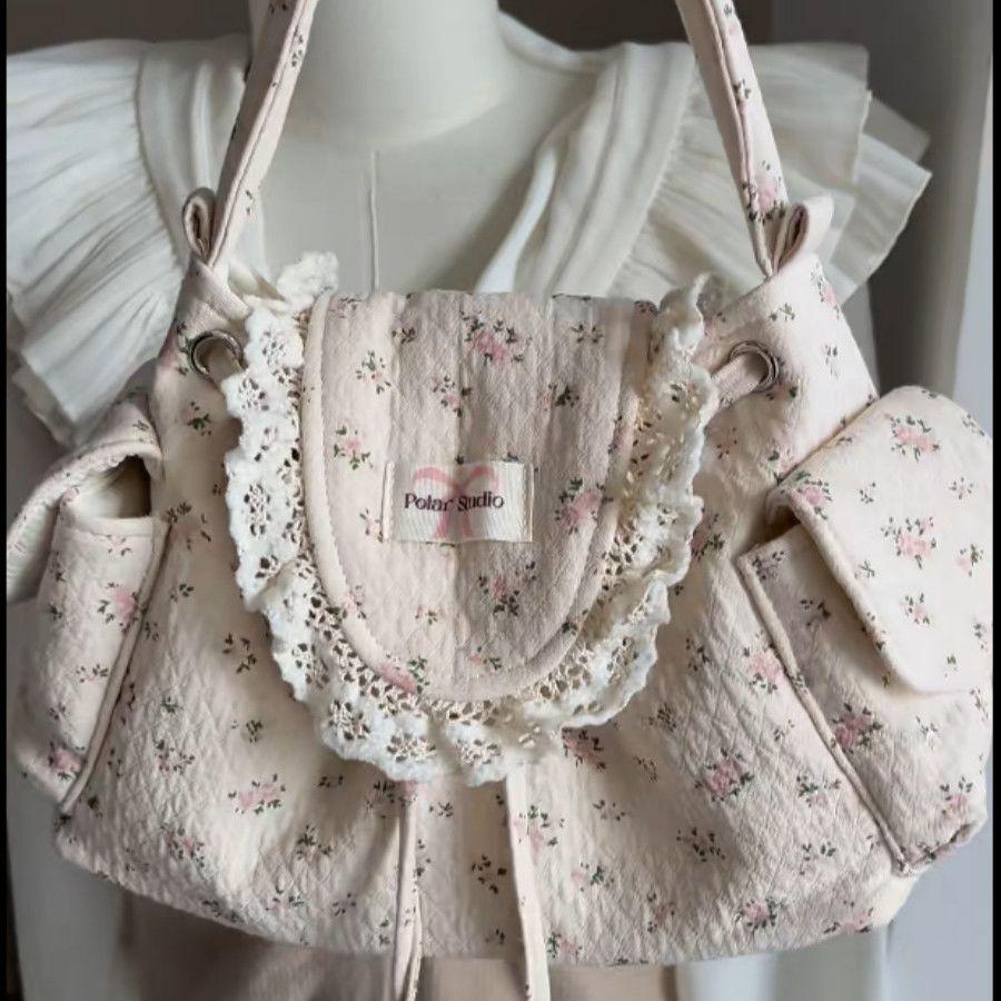 

Korean Sweet Lovely Floral Tote Bag Women Lace Large Capacity Canvas Shoulder Bag Ladies Harajuku Gentle Versatile Underarm Bags 29x22x9cm