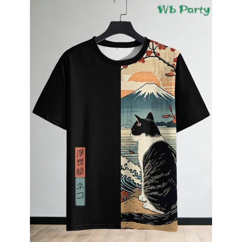 Japanese Samurai Cat 3D Printed T-Shirts for Men Short Sleeve Tee Casual Loose Harajuku Men's Clothing Oversized T-Shirt Tops