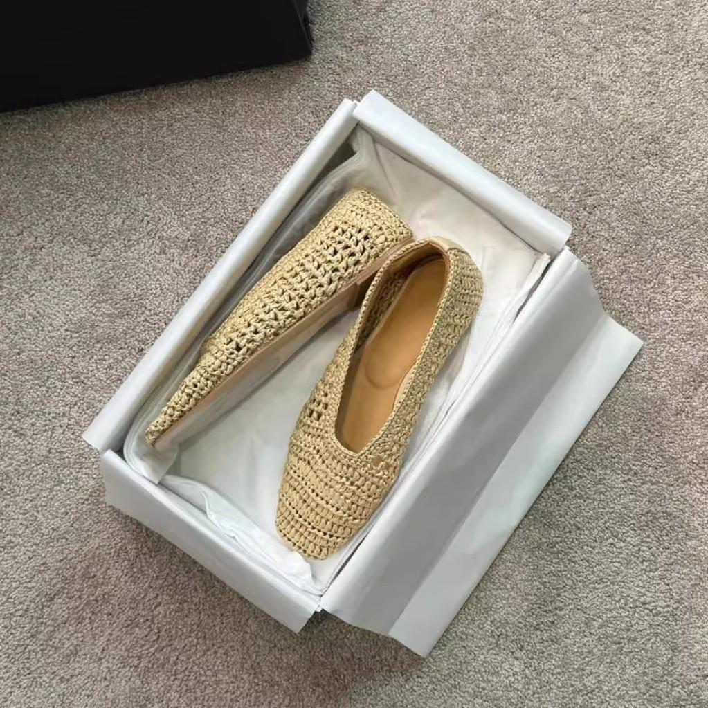 Cowhide version~ niche retro raffia comfortable soft light mouth woven hollow flat bottom versatile single shoes grandma shoes women