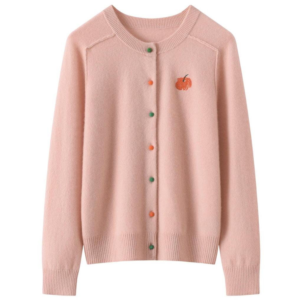 Women's 100% Pure Cashmere Cardigan with Colored Buttons, Round Neck, and Fruit Embroidery.