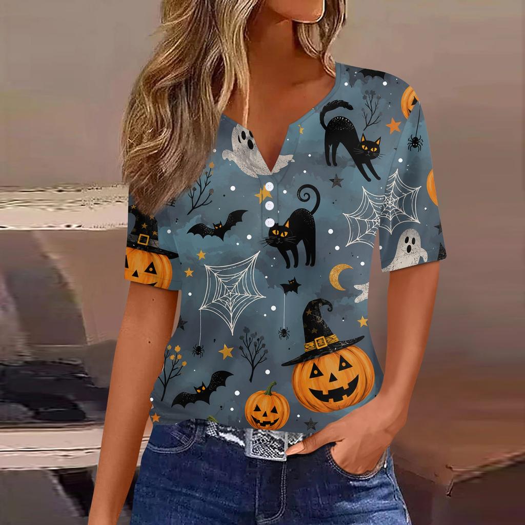 Women's Casual Halloween Print V Neck Short Sleeve Button T Shirt Top Lightweight Comfortable Fit