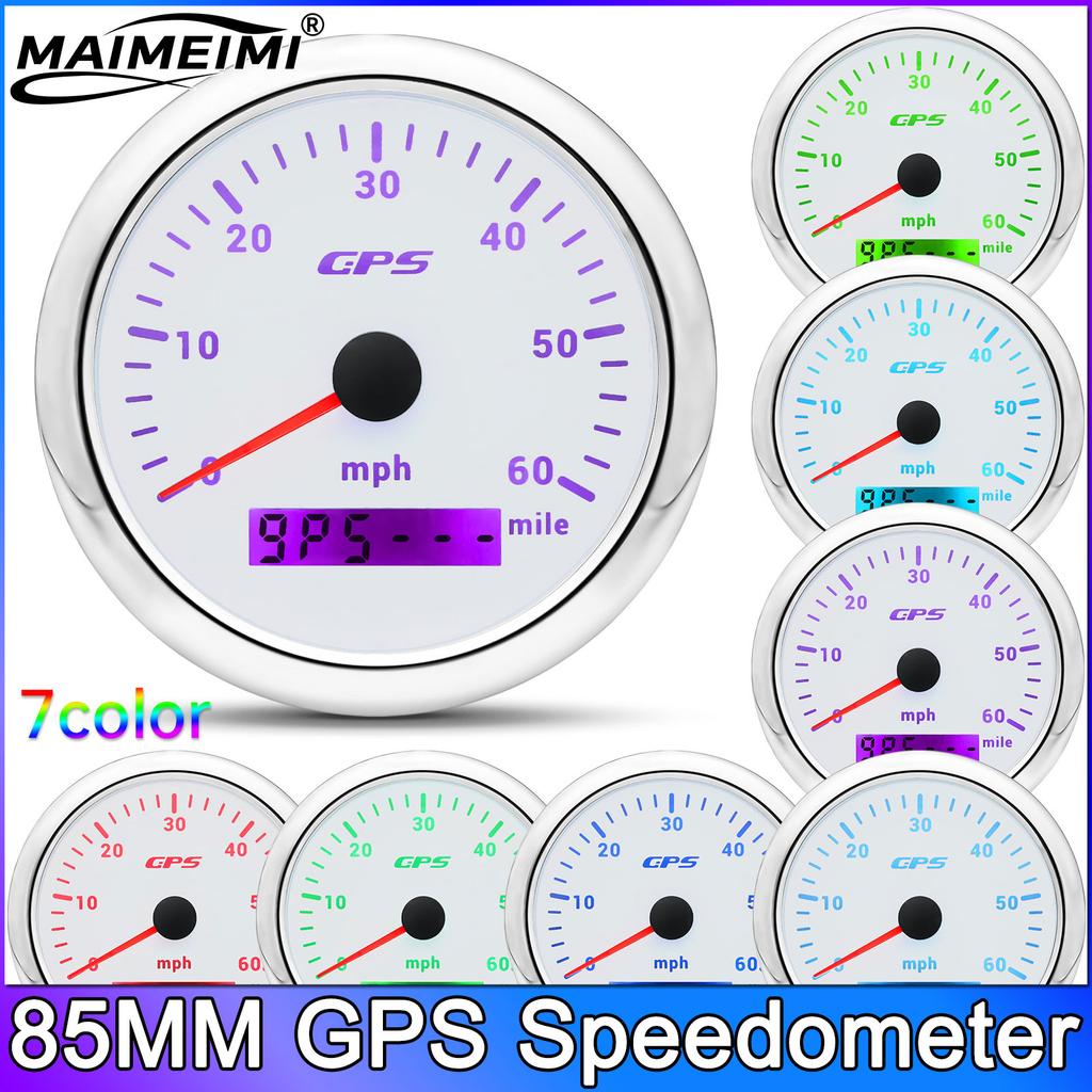 85MM GPS Speedometer With GPS Antenna 0-60 MPH For Motorcycle Marine Boat Car Truck Speed Gauge Meter 7 Color Backlight
