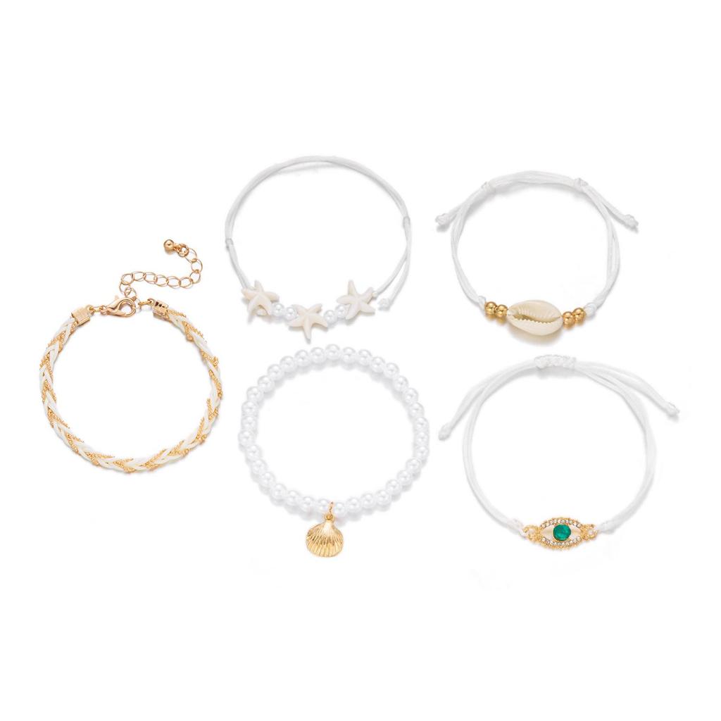 Bohemian Shell Starfish Pearl Bracelet Set – 5-Piece Collection