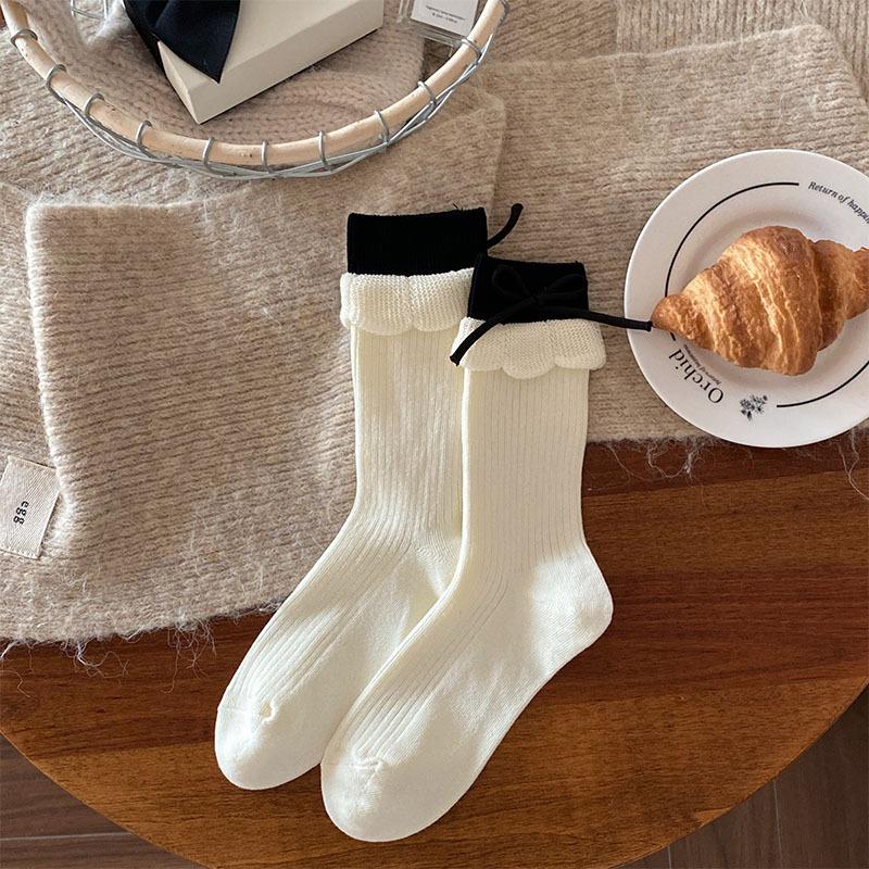 

Japanese Sweet Ballet-Style Bow Socks for Women–Designer Double Ribbed Cuff with Flared Hem,Spring/Fall Versatile Stacking Socks One Size