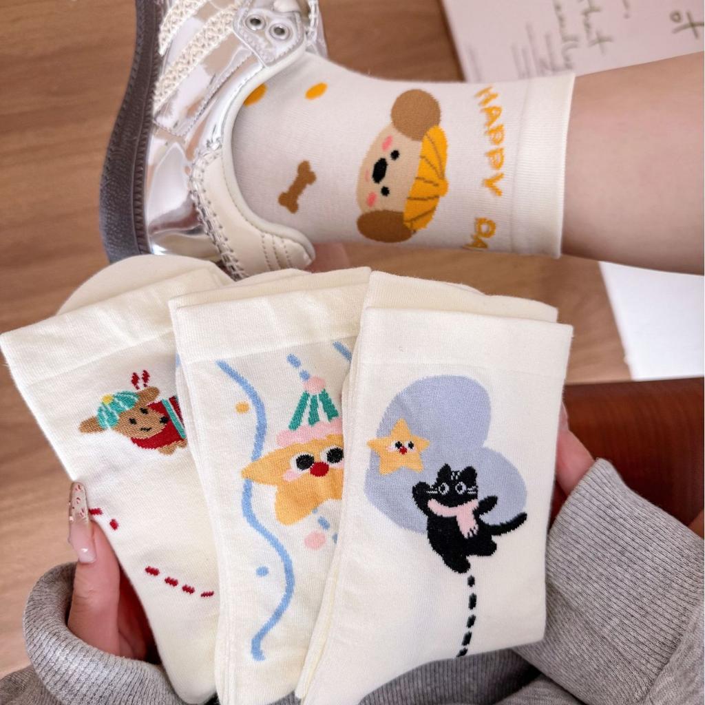 Cute Socks Mid-Leg Socks Pure Cotton Spring And Autumn Cartoon Student Puppy Summer Thin White Stockings