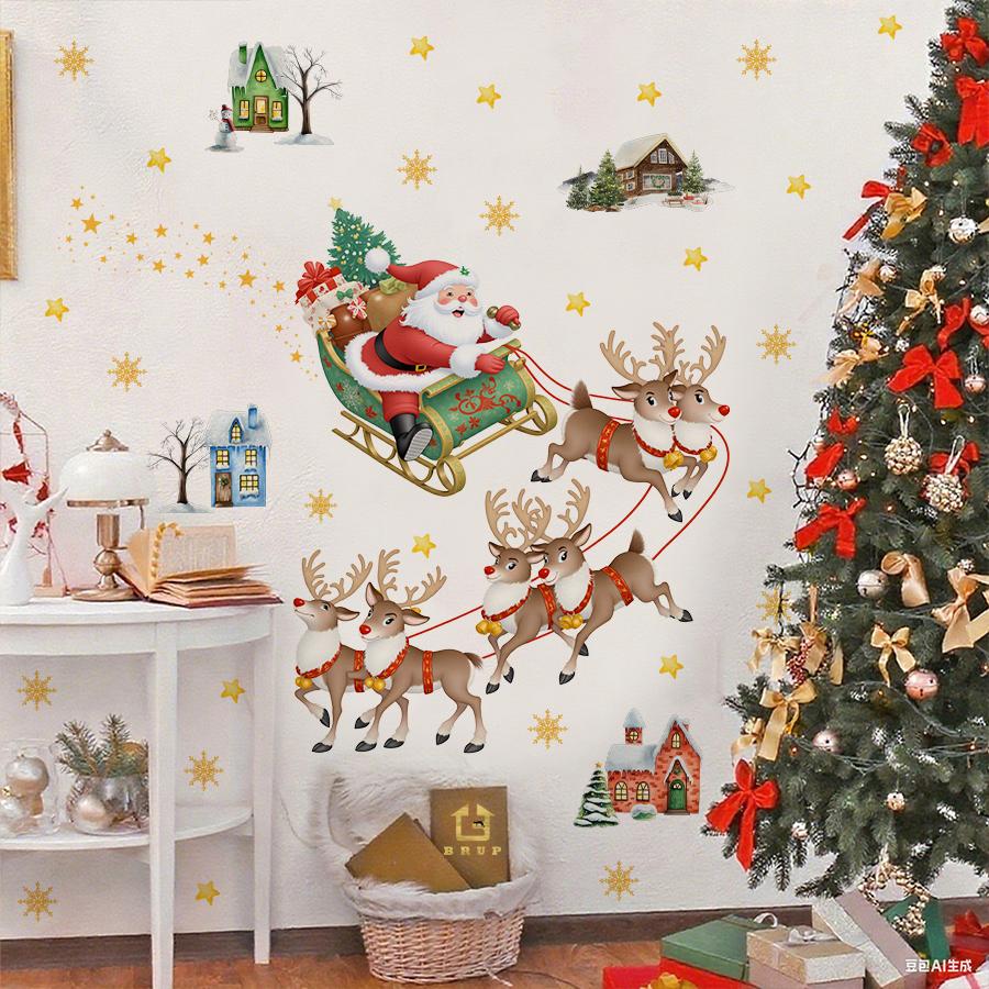 Adesivos de Parede Natalinos Caprichosos com Trenó do Papai Noel Removíveis Autoadesivos Renas Mini Casas para Sala de Estar Decoração de Entrada de Loja