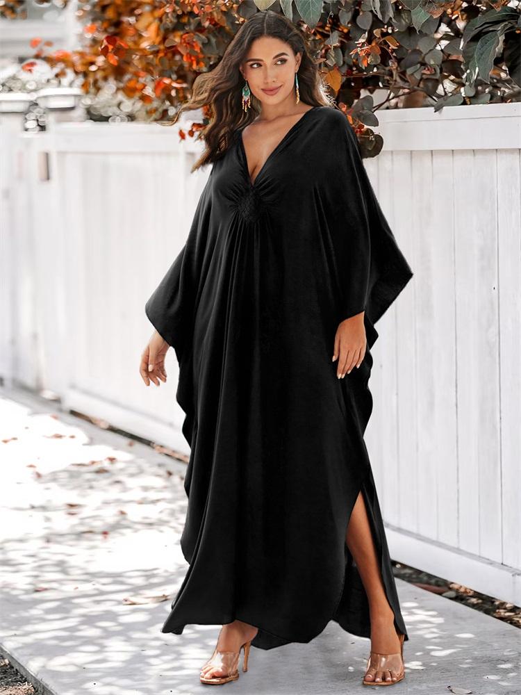 EDOLYNSA Plus Size Kaftan Black Solid Bohemian Printed Summer Long Beach Dress Women Homewear Outfit Swim Suit Cover Up Loose Caftan
