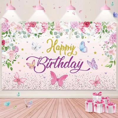 2D Flat Printed Happy Birthday Tapestry Peach Skin Pink Floral Butterfly Wall Hanging Party Backdrop Girls Room Decor Background