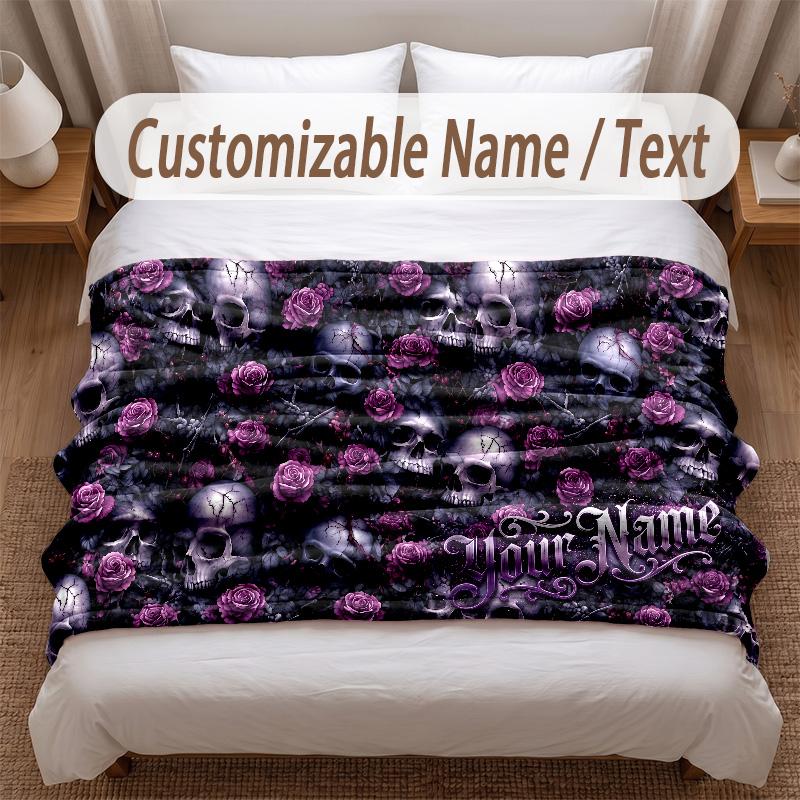 Skull Gothic Theme Soft Blanket Personalized Custom Name Text Print Warm Blanket Home Sofa Bedroom Decor