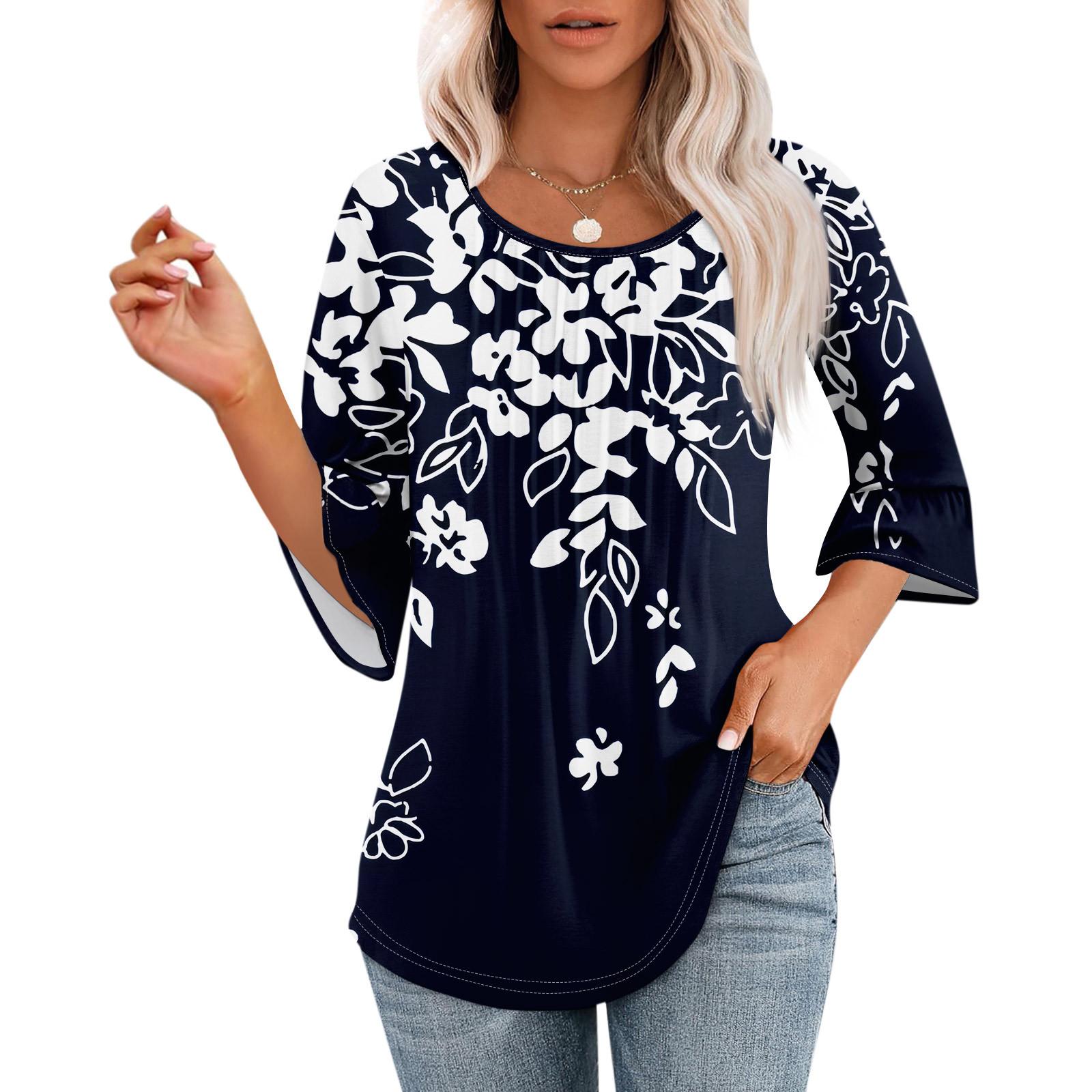 

Женские топы с рукавами-колокольчиками 3/4, летние плиссированные рубашки с круглым вырезом, модные нарядные повседневные блузки-туники свободного покроя L