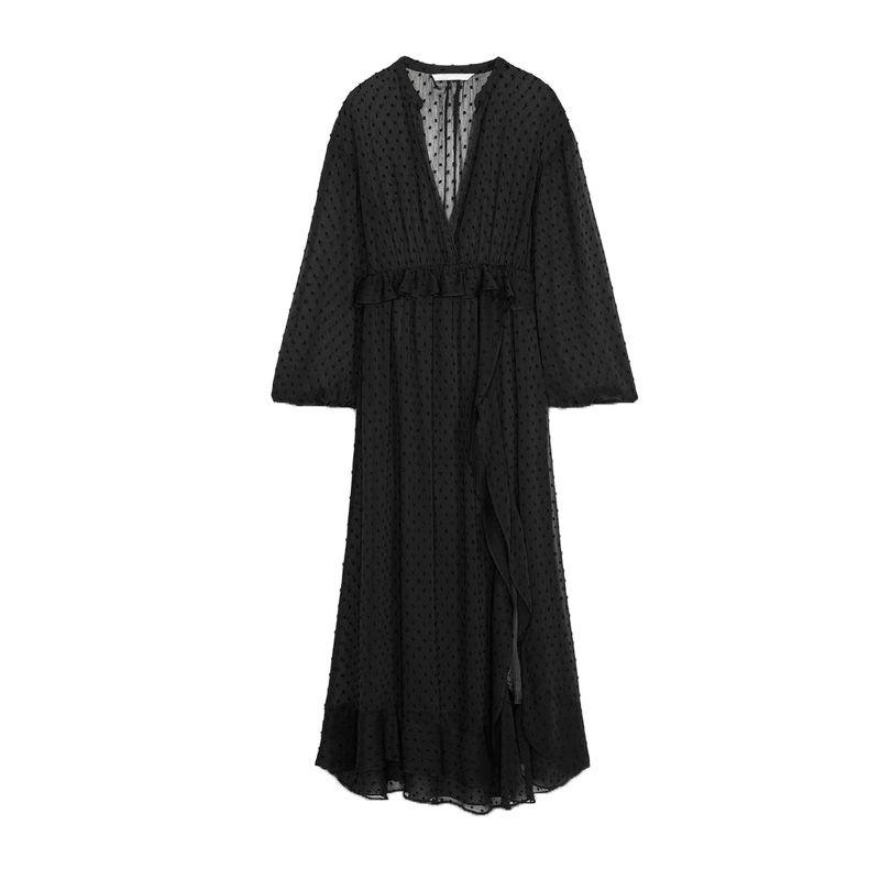 Spring New Women's Clothing Hepburn Style Laminated Decoration Fashion Tulle Long Sleeves V-neck Dress 2207809