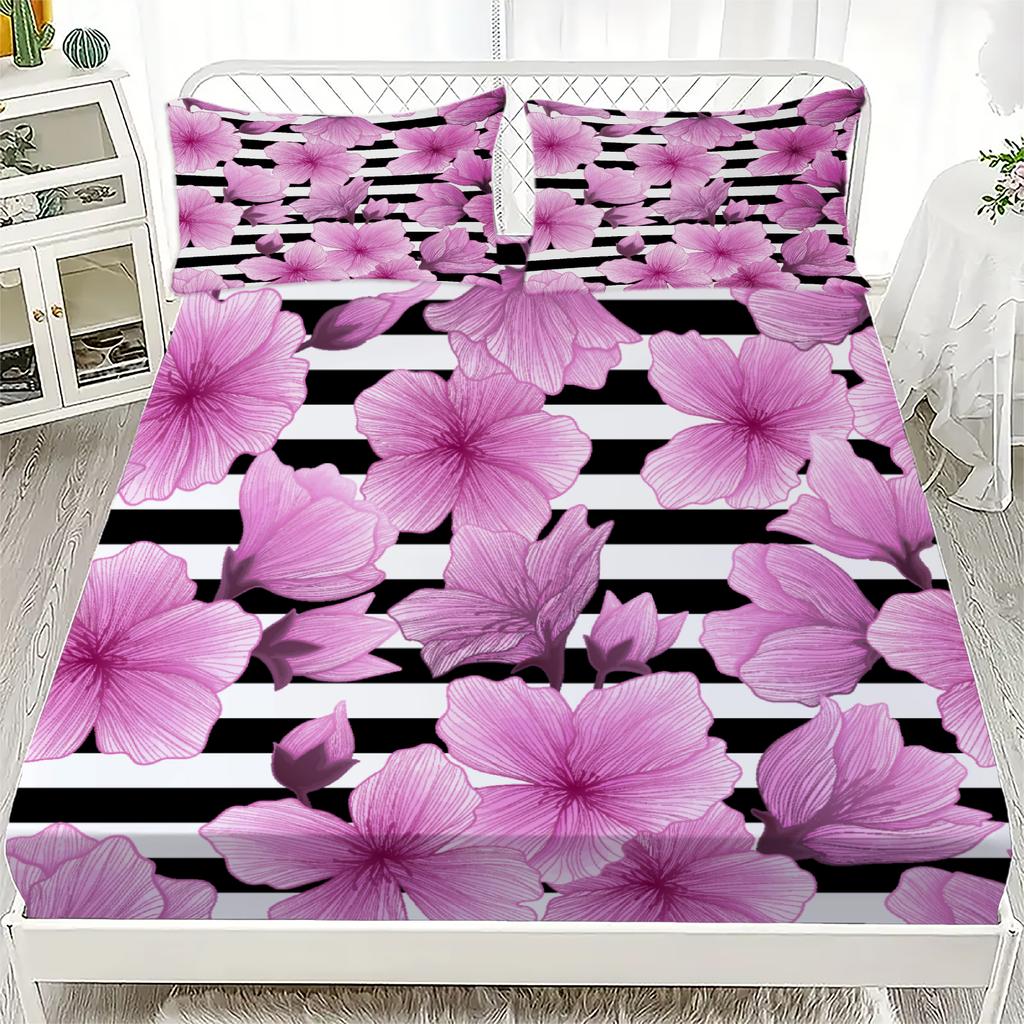 3pcs Fitted Sheet Set Pink Roses On Black And White Stripes Bed Sheet With Pillowcases For Bedroom Decor