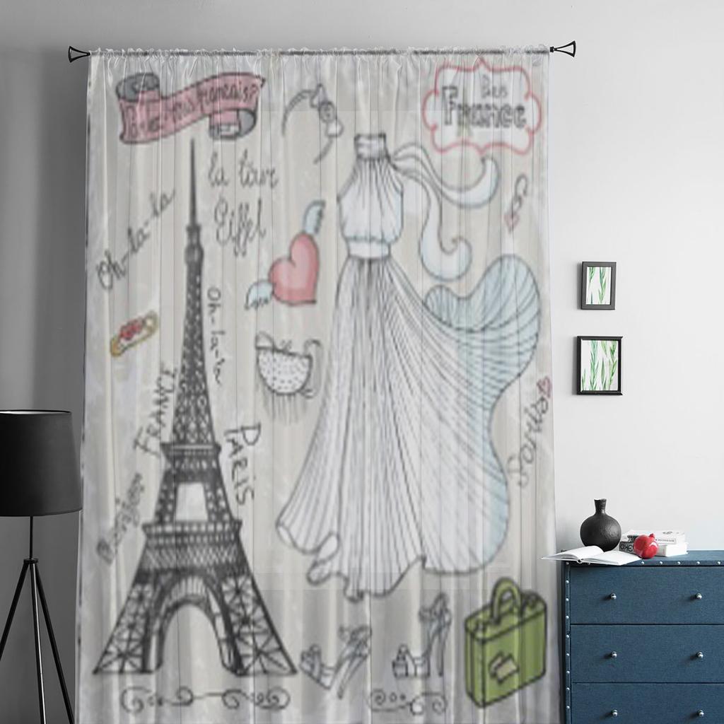 Set Of Paris Eiffel Towerletteringdressfaschion Elements Chiffon Sheer Curtains Living Room Bedroom Window Voiles Tulle Curtain