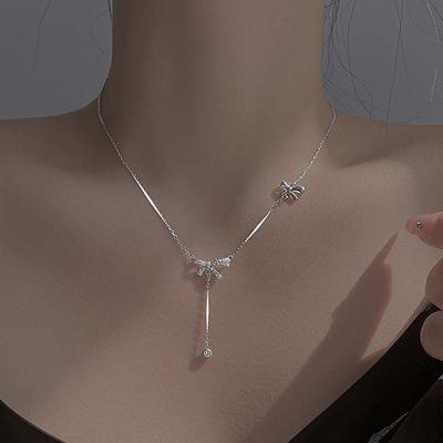 Bow Tassel Necklace Female S999 Pure Silver Light Luxury Minority Clavicle Chain All-Match Fashion Necklace