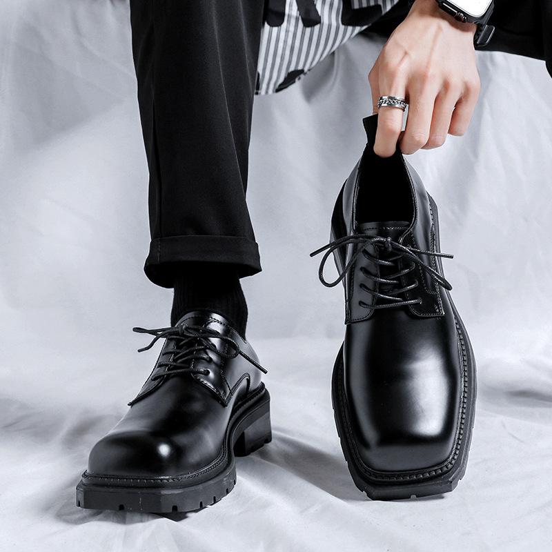 men's casual genuine leather shoes lace-up derby shoe square toe platform sneakers business wedding dress black stylish footwear
