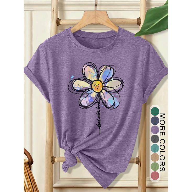 Women's Elegant Style Plus Size Loose Short Sleeve Watercolor Daisy Hand-Painted Print Pattern Round Neck Women's Comfortable Soft Breathable New