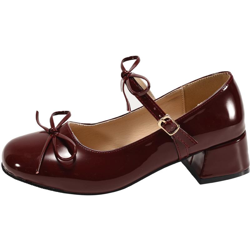 Retro red bow thick heel light mouth single shoes women's 2025 new versatile round head height increase Mary Jane small leather shoes