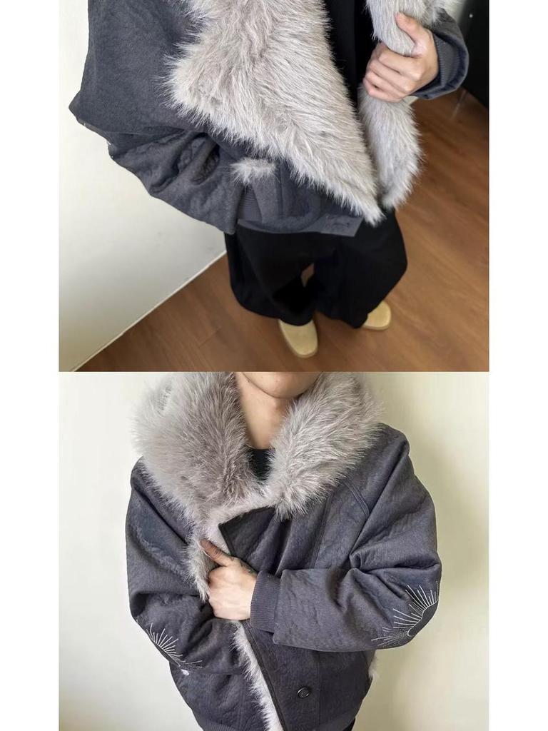 Old Money Style Wolf Constellation Cotton Hooded Jacket: Unisex Winter Outerwear with Velvet, Thick and Loose Fit.