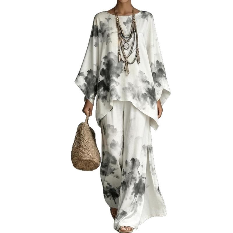 Casual print suit for women, bat-sleeved irregular top, drape wide-leg pants, two-piece set, one piece