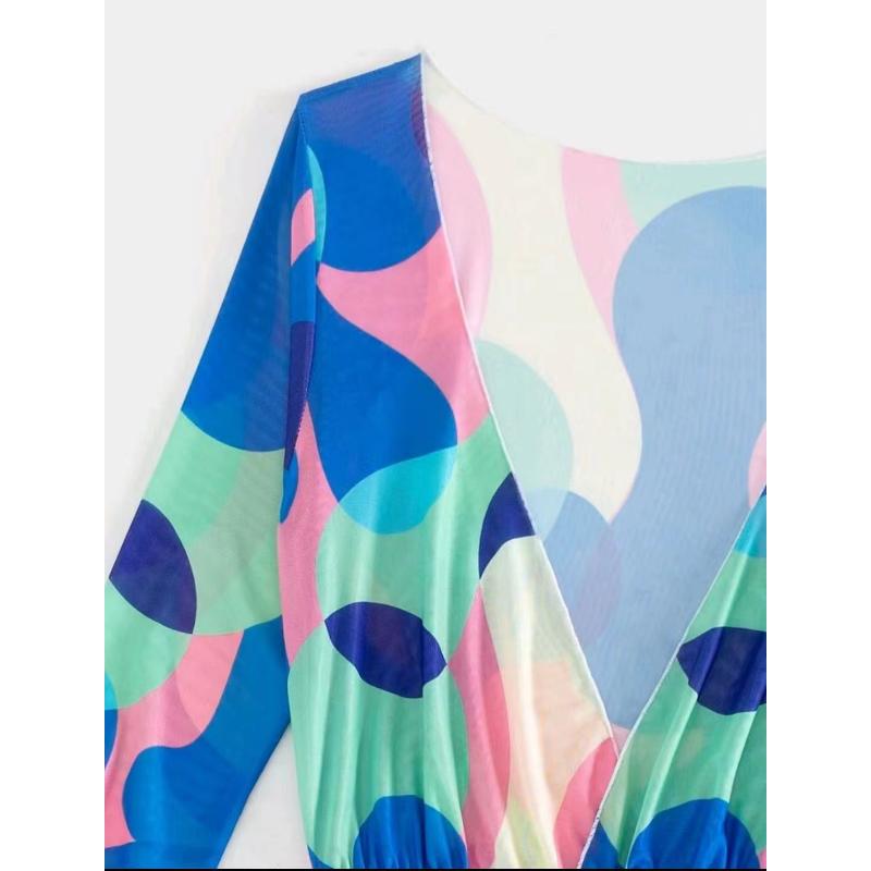 3 Piece Sexy Bikini Set Long Sleeve Sheer Mesh Cover Up Colorful Print Deep V Summer Beach Vacation Bathing Suit Swimwear