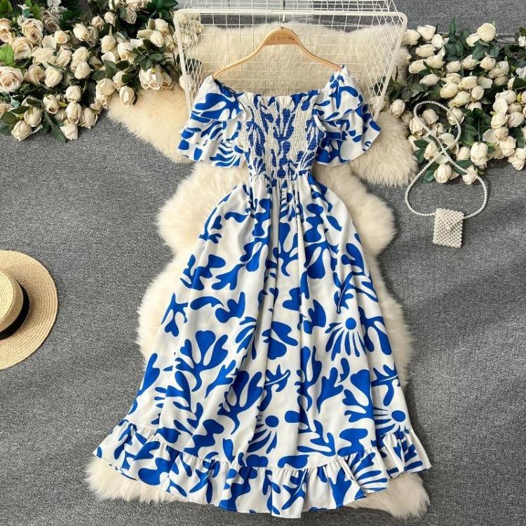 

Цветочное повседневное платье с открытыми плечами, коротким рукавом, высокой талией и длиной до щиколотки для женщин, летняя весенняя мода One Size