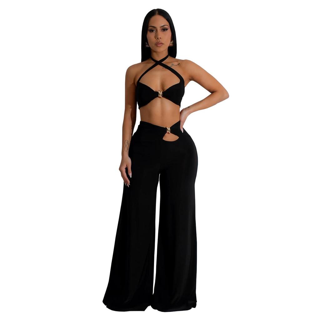 C7236 Women's Fashion Solid Color Strapless Long Pants Two-Piece Set
