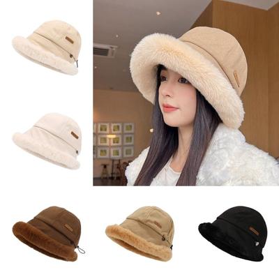 Wide Brim Plus Velvet Panama Hat Windproof Winter Fisherman Hat Fluffy Fur Bucket Hat  Outdoor