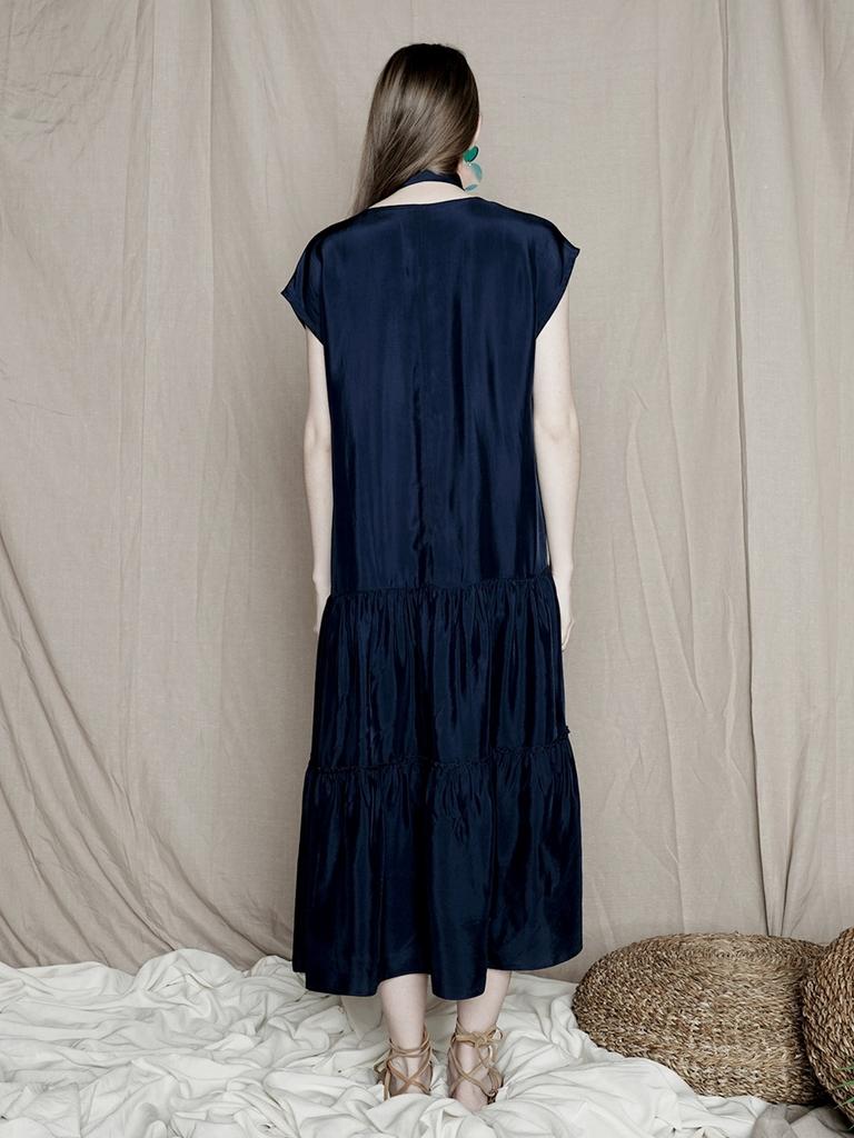 PINBLACK Satin Shirred Dress Navy