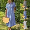 Striped Lapel Button Down Shirt Dress with Pockets Summer Casual Short Sleeve A-line Long Shift Beach Dress for Women