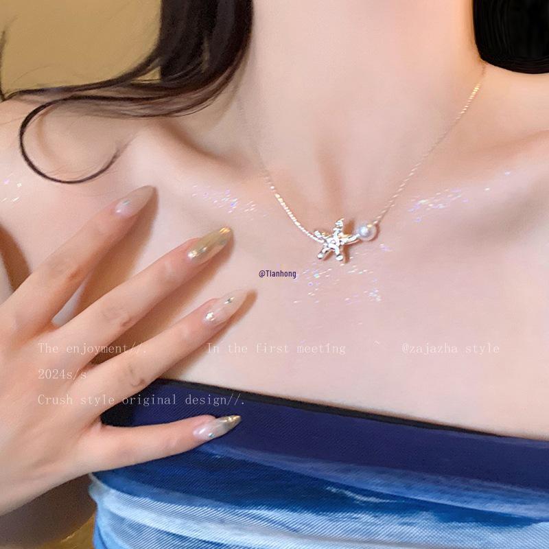 Colar com Pingente de Pérola Estrela do Mar - Corrente para Clavícula de Verão Feminina