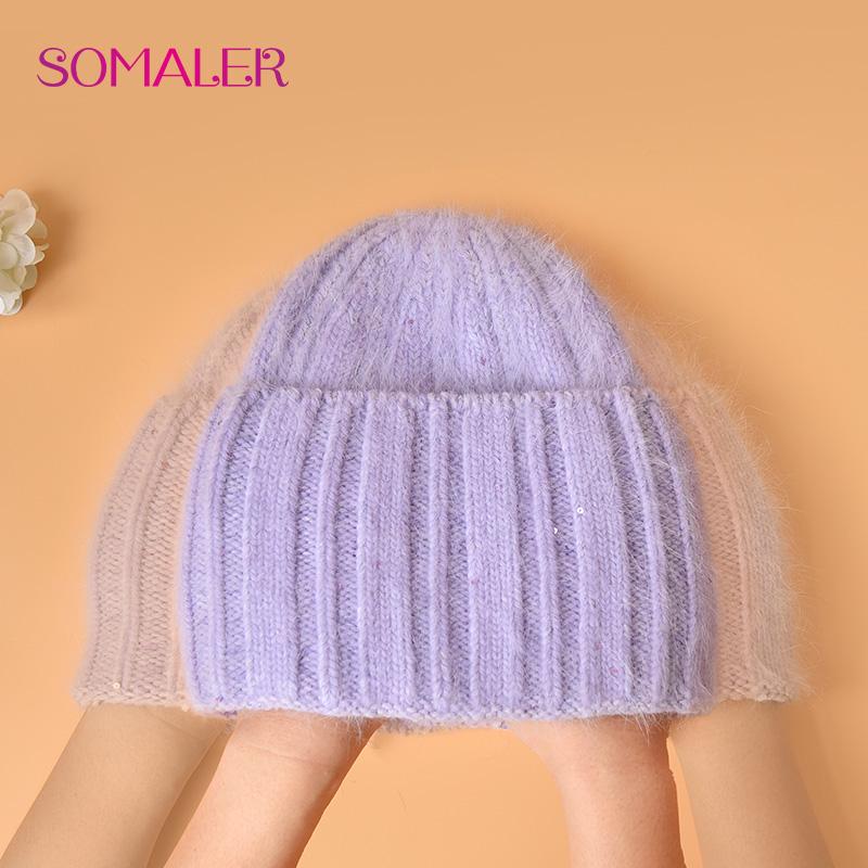 SOMALER Winter Cuff Beanie Angola Rabbit Fur Hats for Women Candy-colored Ski Cap