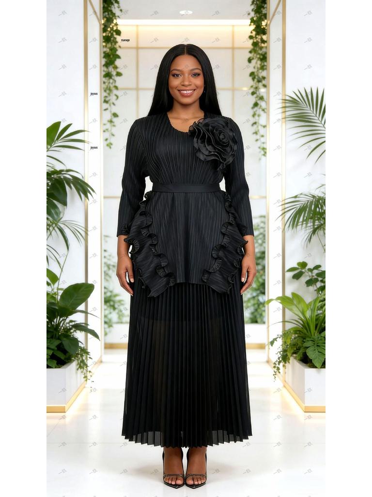 Miyake Plus Size African-Inspired Pleated Ruffle Irregular Two-Piece Set - Women's Fashion