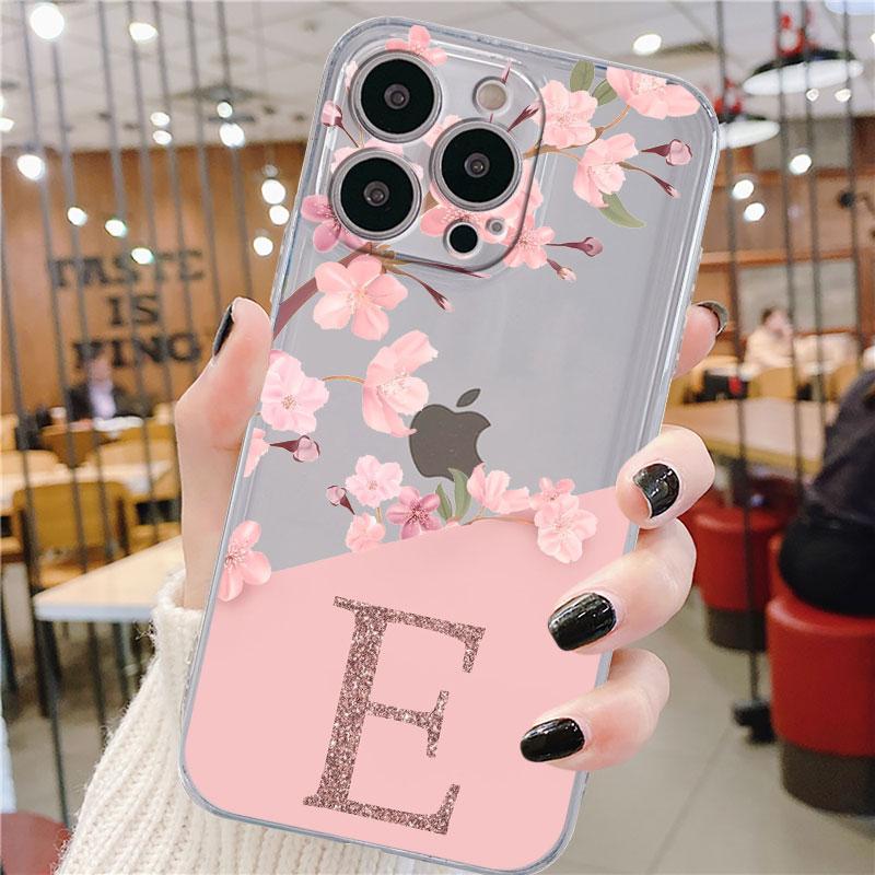Flower Letter Pink Fashion Initial Clear Case pro Apple iPhone 14 11 13 12 Pro 7 8 Plus XR X XS Max 6 6S silikonový kryt na telefon